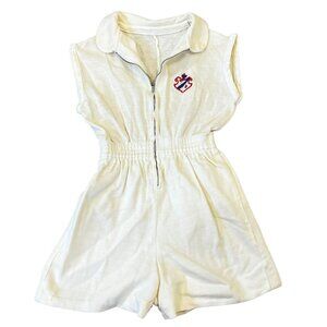 Vintage Girls Ivory Shorts Romper Red & Blue Crest Zip Front